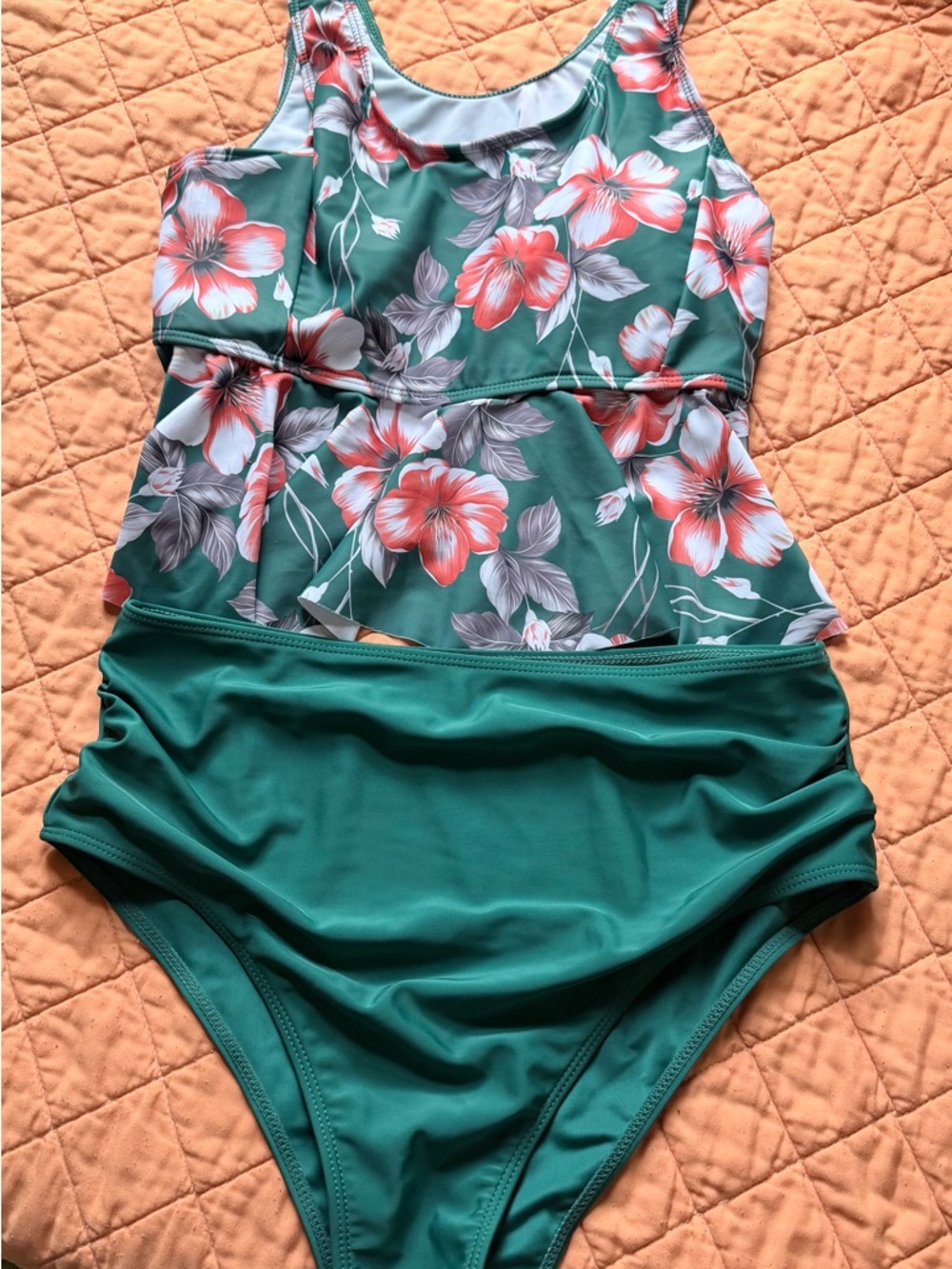 Floral Peplum Two-Piece Swim Set - Green Coral